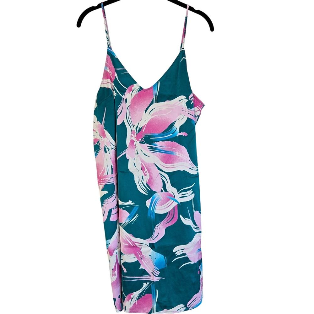 Soft Feminine Green Satin Floral Slip Dress Cami Spaghetti Strap Size: M